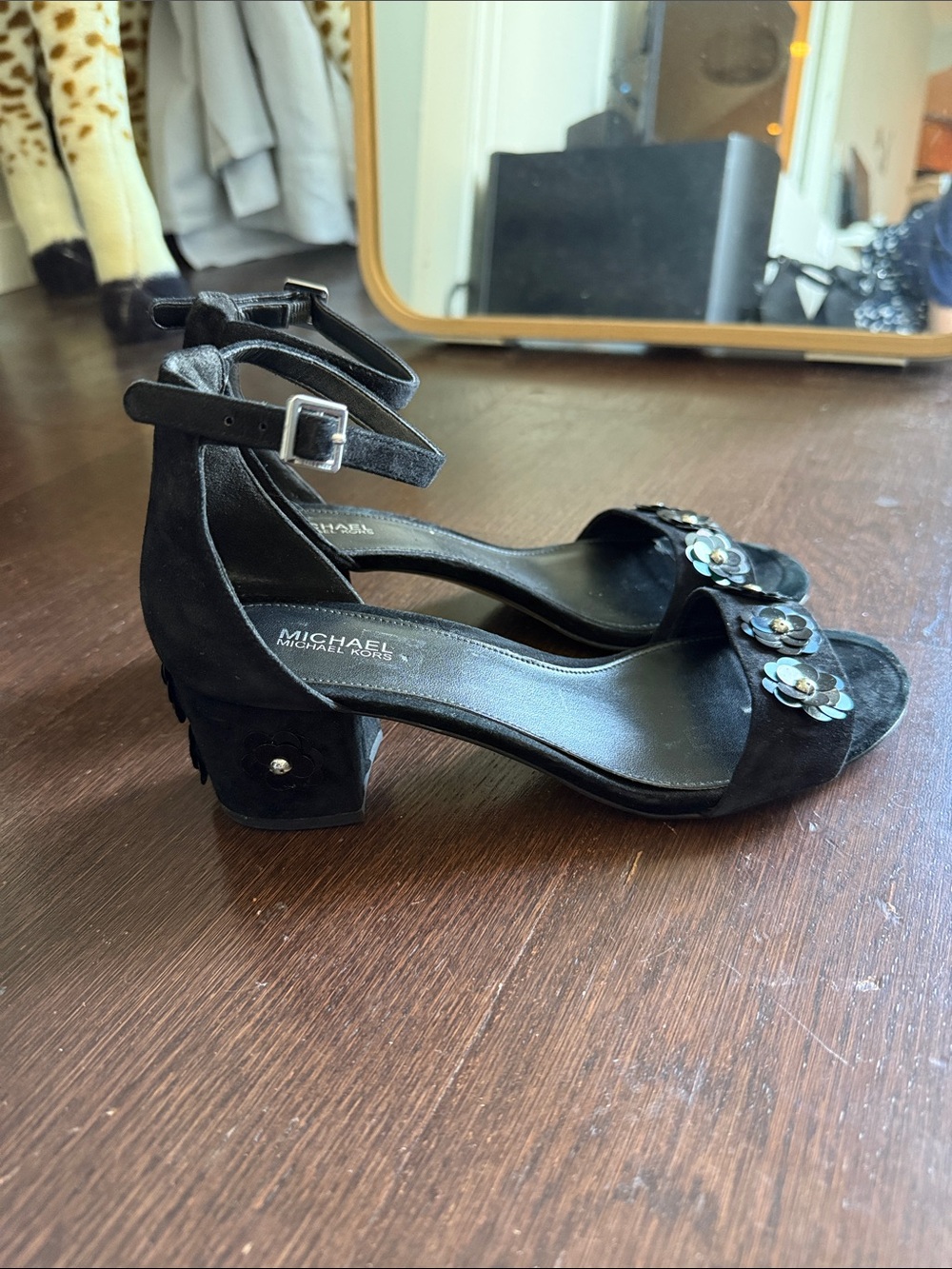 Michael Kors Black Suede Floral Accent Ankle-Strap Block Heels